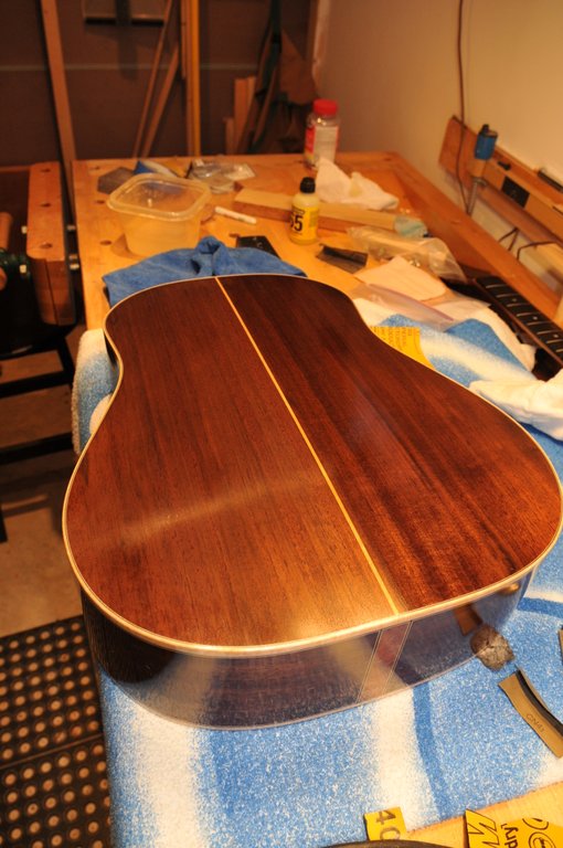 Starts out shiny, but wet sanding with 800 w/d sandpaper makes it dull again.  That will change...