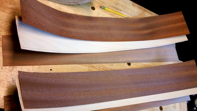 the lamination - .045&quot; sapele on the bottom - this is the outside layer - then .025 maple in the center, and .025 sapele inside. Profiled first.